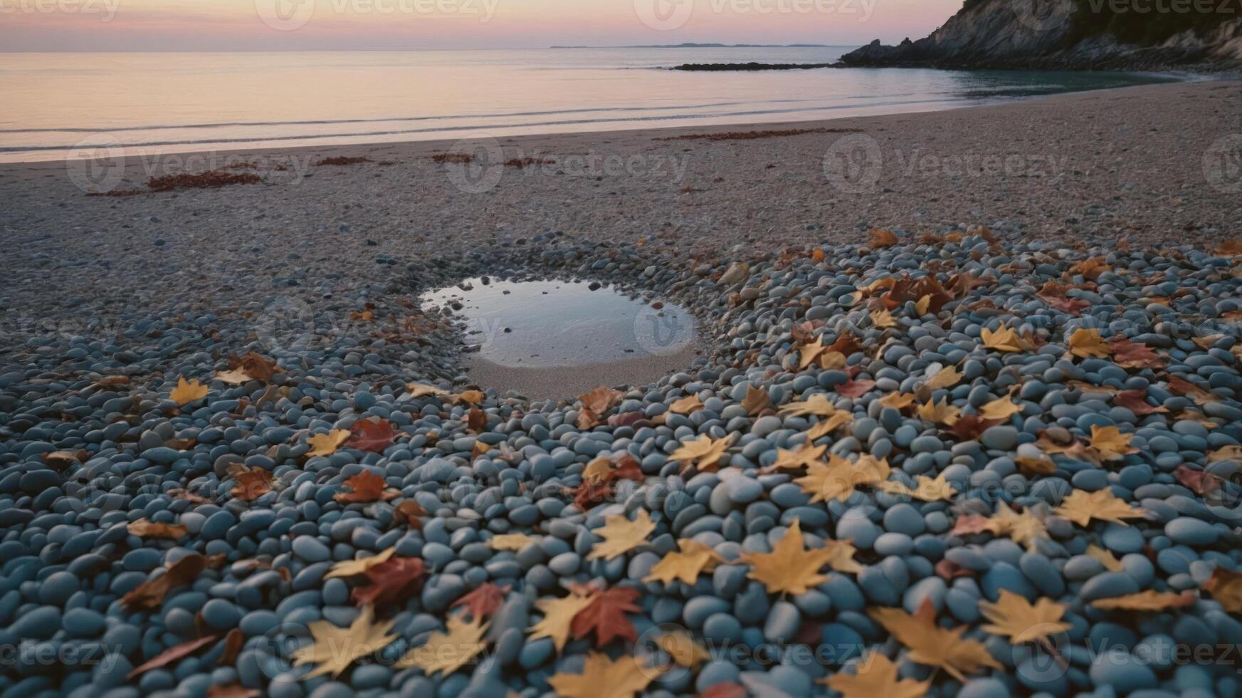 Autumn Leaves on Pebble Beach at Seaside Sunset with Water Puddle photo