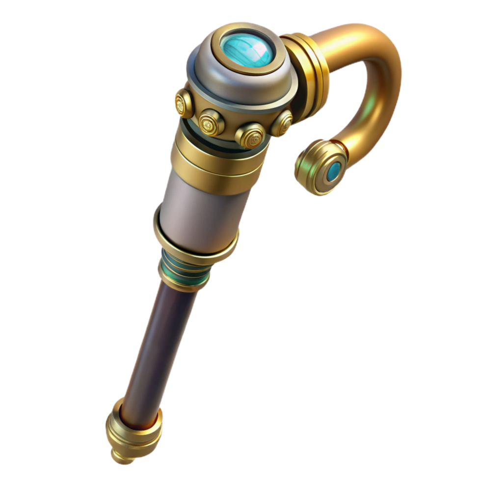 glorious calm urban Steampunk cane with a brass handle and hidden gadgets. NO BACKGROUND with Transparent Background. professional png