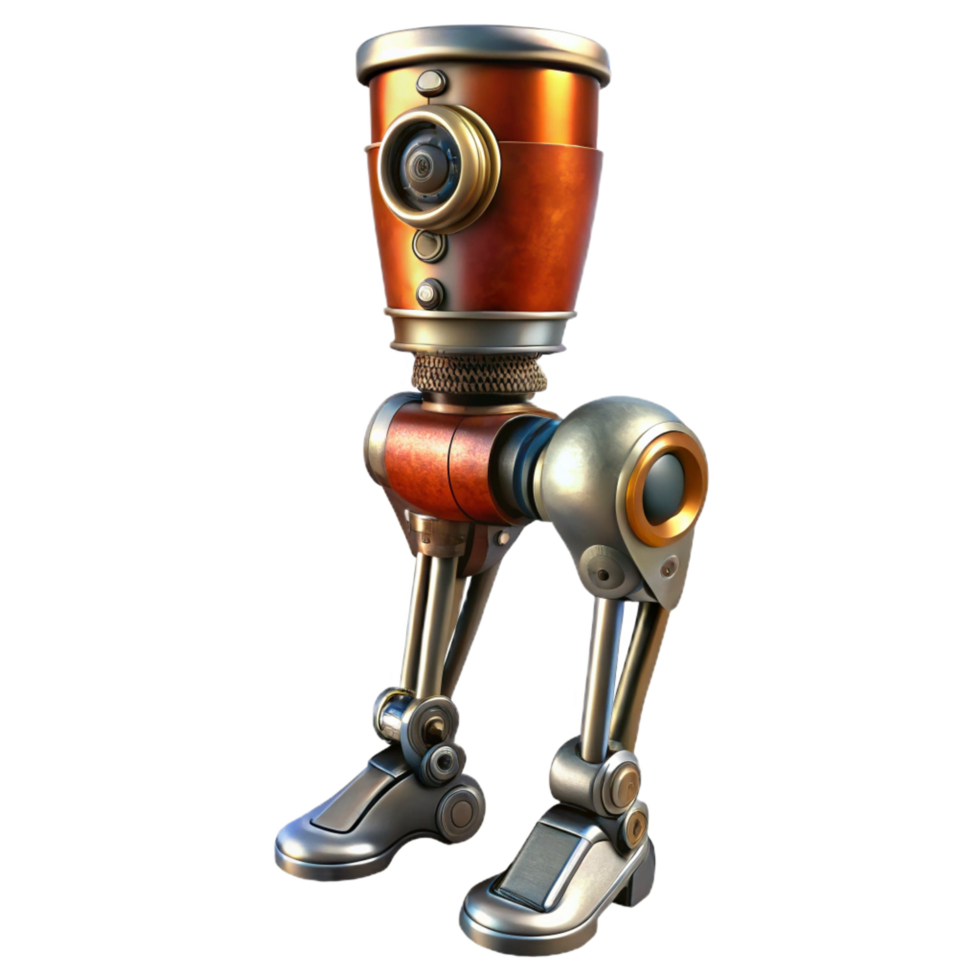 exquisite sought-after Steampunk prosthetic leg with articulated joints and metal plating. NO BACKGROUND with Transparent Background. png