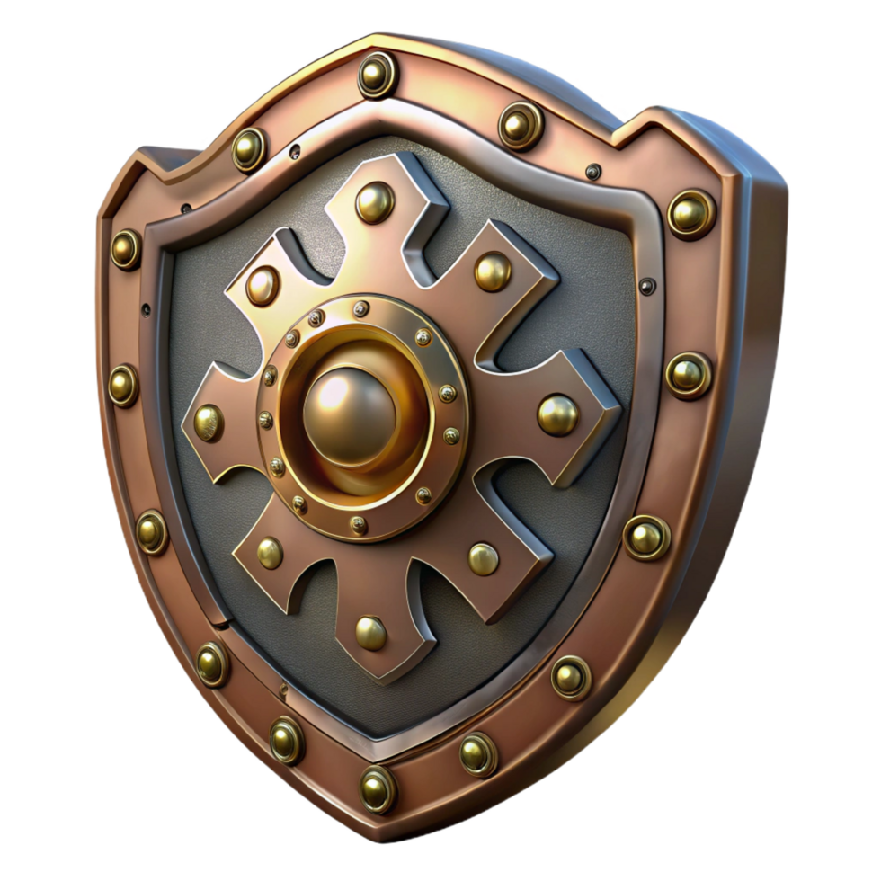 vibrant elegant Steampunk shield with intricate metalwork and a central emblem. NO BACKGROUND with Transparent Background. crisp png