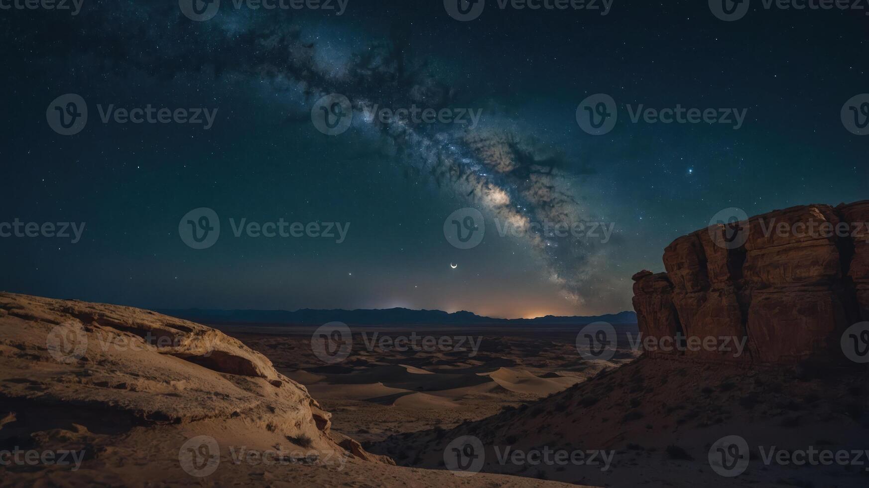 Milky Way Galaxy Over Desert Landscape with Rocks and Moon photo