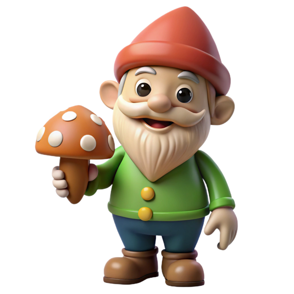 reflective wonderful A playful gnome, holding a mushroom. NO BACKGROUND with Transparent Background. studio quality png