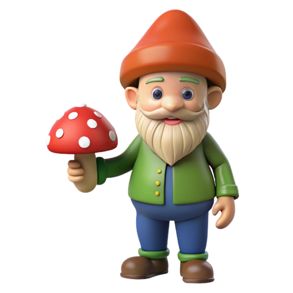 radiant organic A playful gnome, holding a mushroom. NO BACKGROUND with Transparent Background. studio quality png