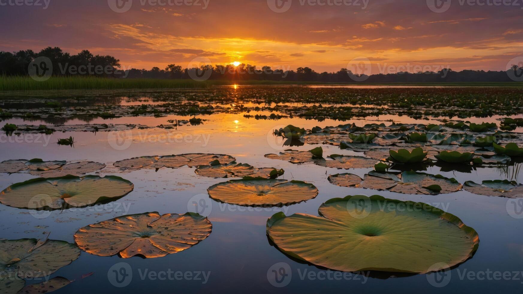 Lily Pads Floating on Lake Reflecting Sunset in Tranquil Water photo