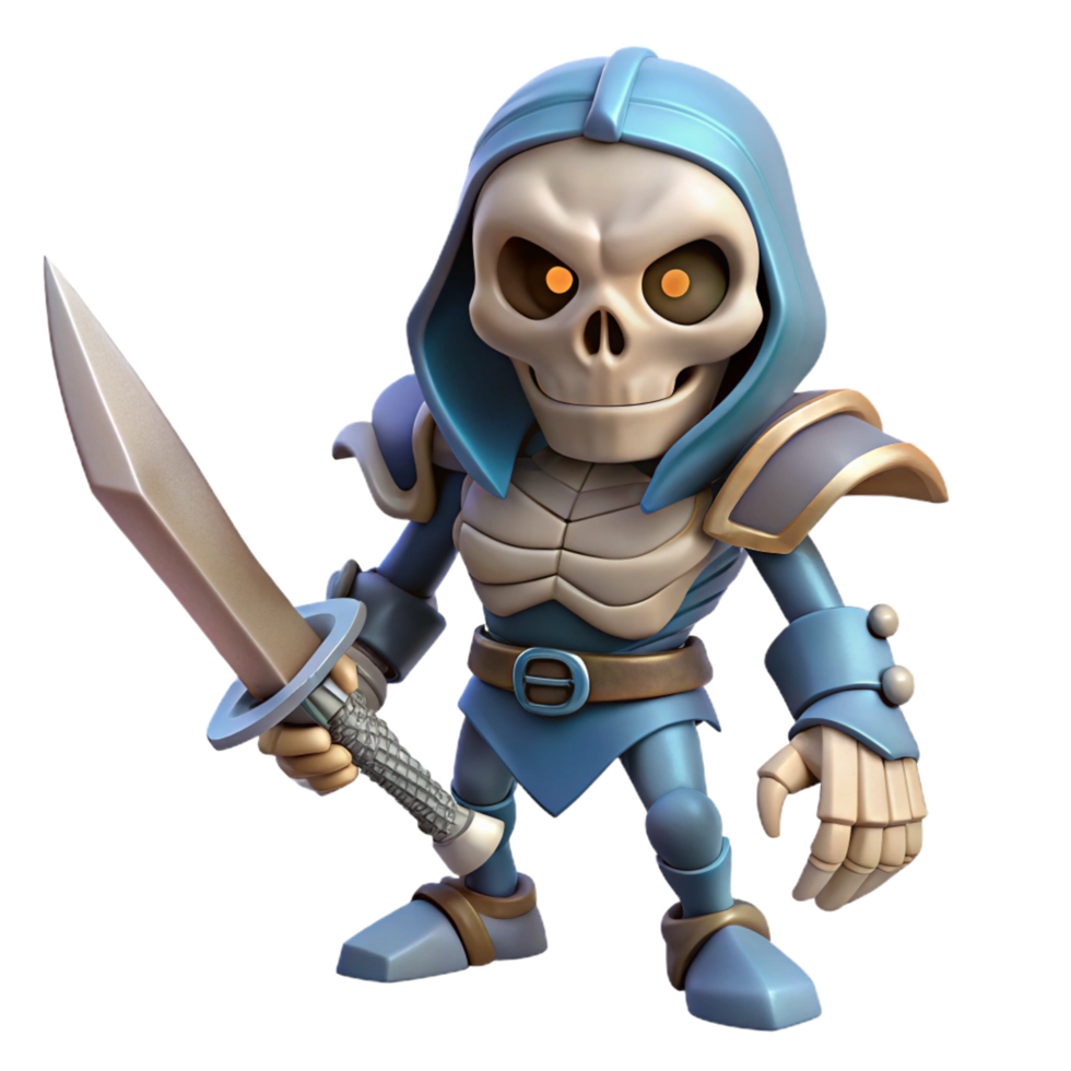 serene art deco A menacing skeletal warrior, wielding a sword. NO BACKGROUND with Transparent Background. artisan png