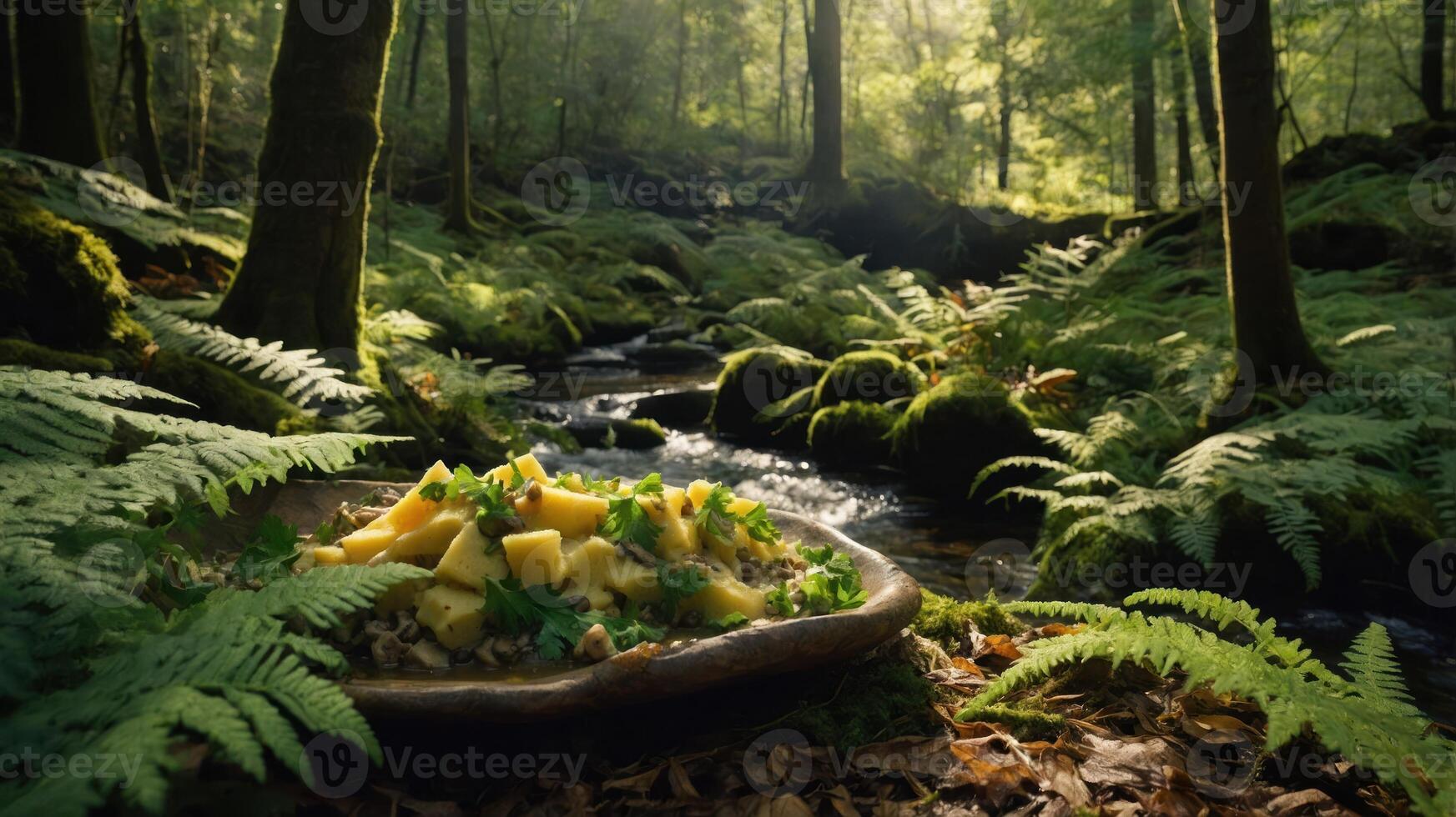 Delicious Food Dish Placed Neatly Near Forest Stream in Ferns photo
