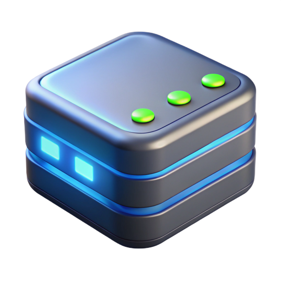 ethereal dazzling High-tech data storage device with glowing indicator lights. NO BACKGROUND with Transparent Background. 8K png
