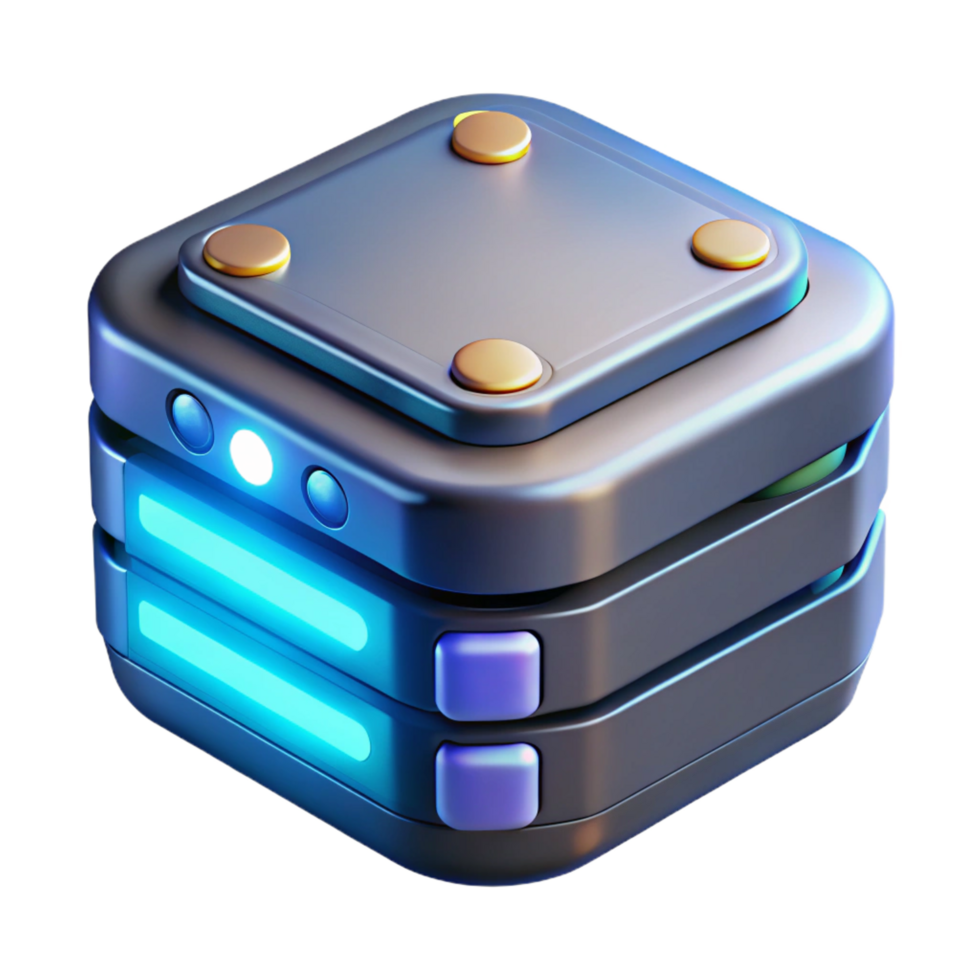 energetic alluring High-tech data storage device with glowing indicator lights. NO BACKGROUND with Transparent Background. impeccable png