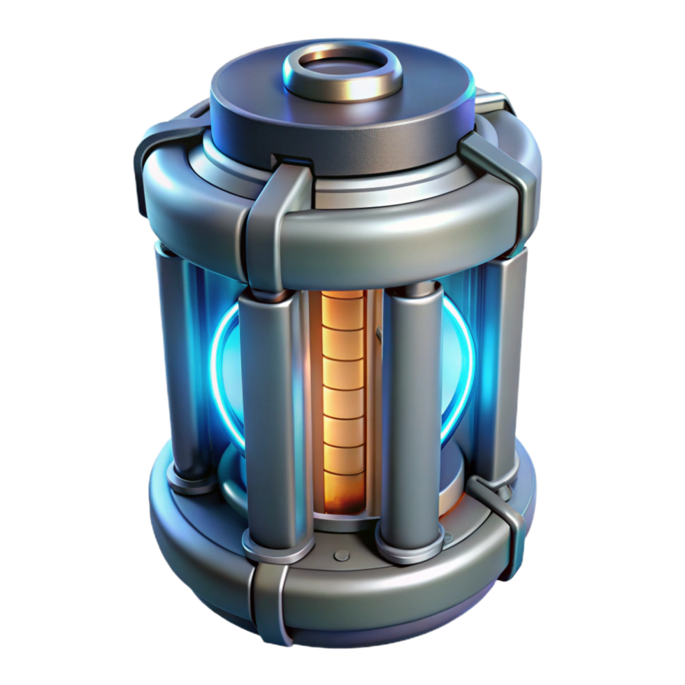 energetic enchanting Futuristic power cell with glowing core and energy display. NO BACKGROUND with Transparent Background. exclusive png