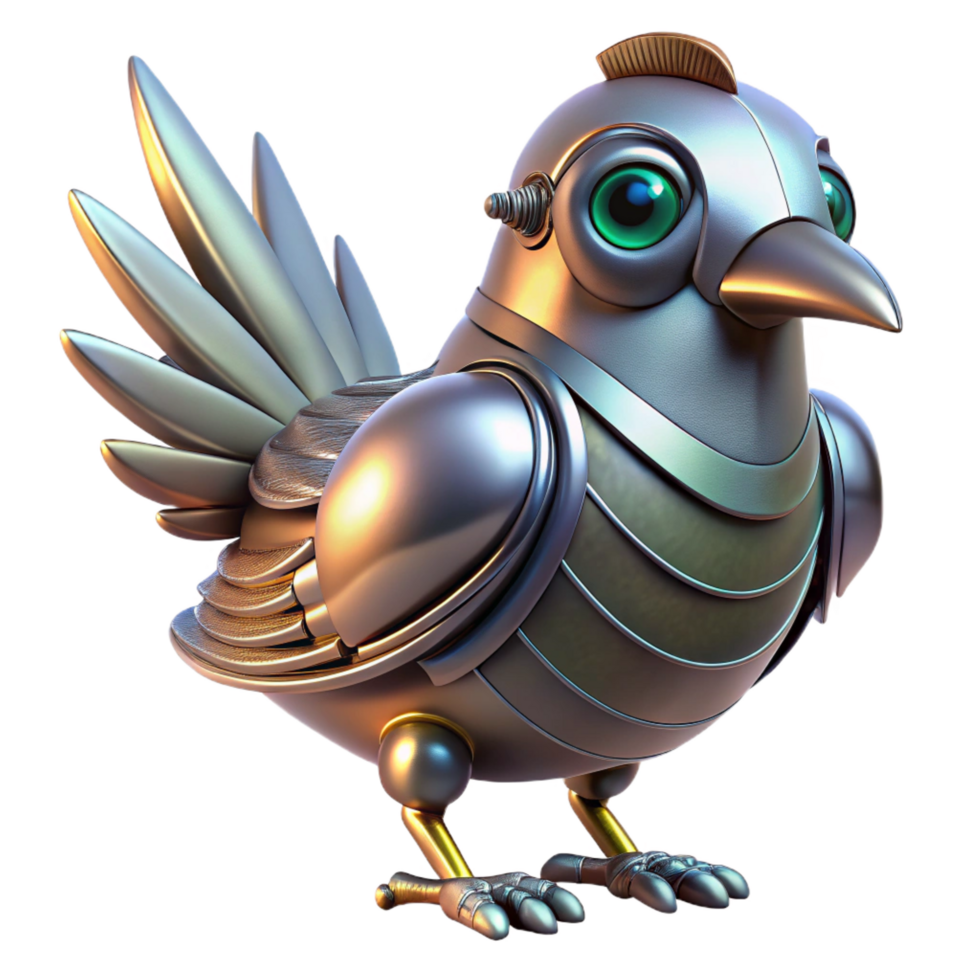 ethereal alluring Robotic bird with metallic feathers and glowing eyes. NO BACKGROUND with Transparent Background. authentic png