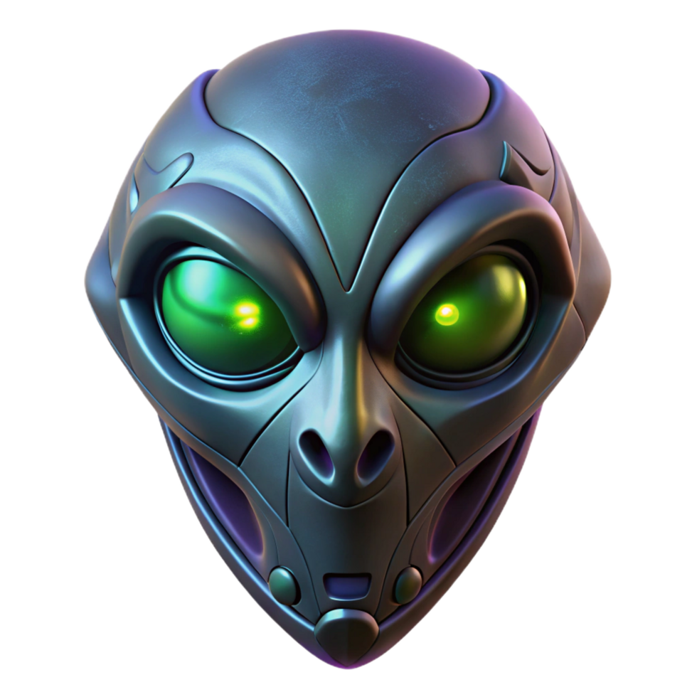elegant distinguished Alien mask with intricate carvings and glowing eyes. NO BACKGROUND with Transparent Background. png