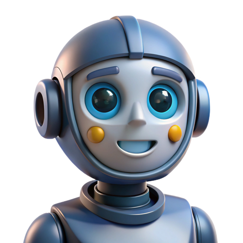 iconic contemporary Artificial intelligence robot head with glowing eyes and expressive face. NO BACKGROUND with Transparent Background. precision png