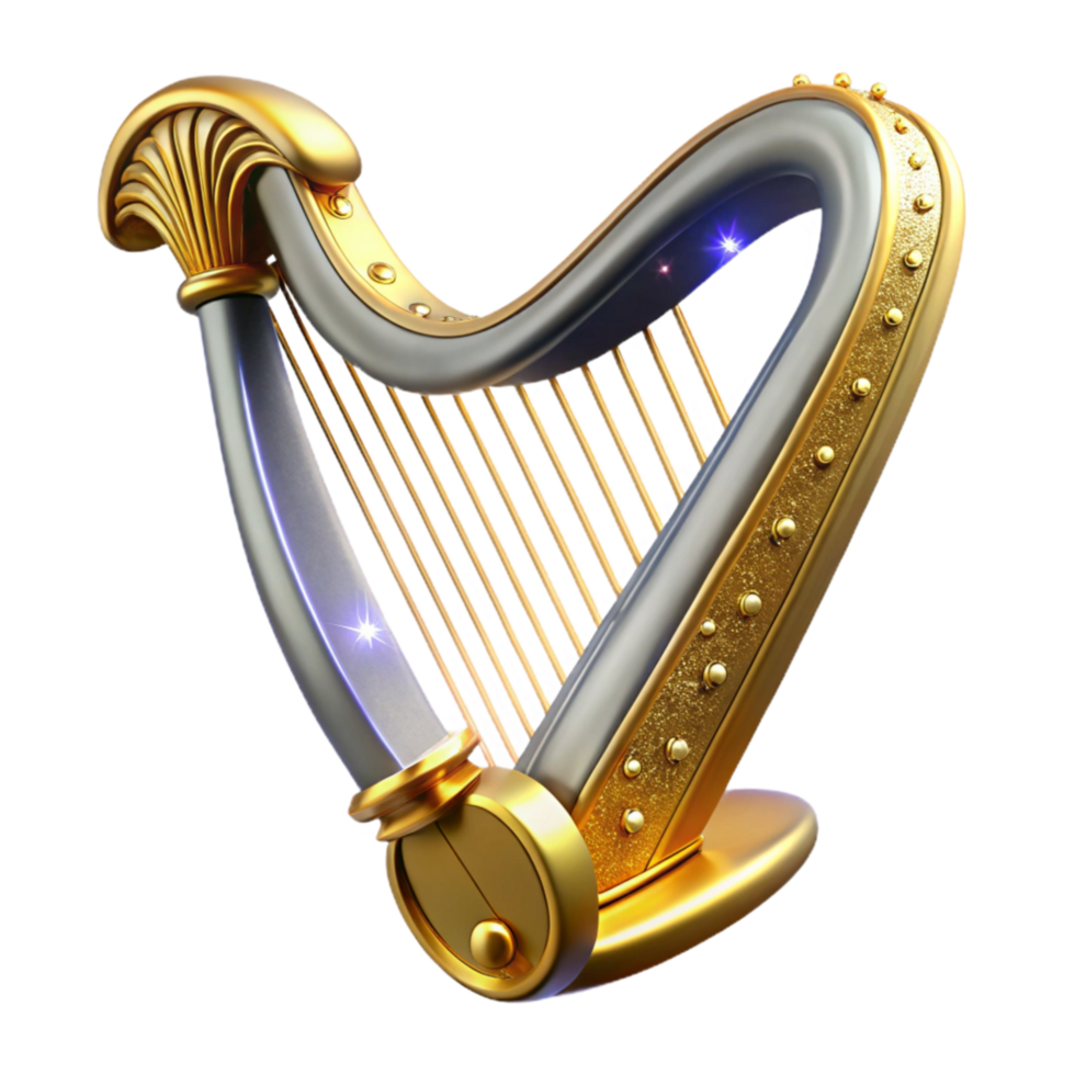 beautiful modern Harp Isolated with Golden Details Transparent Background high resolution png