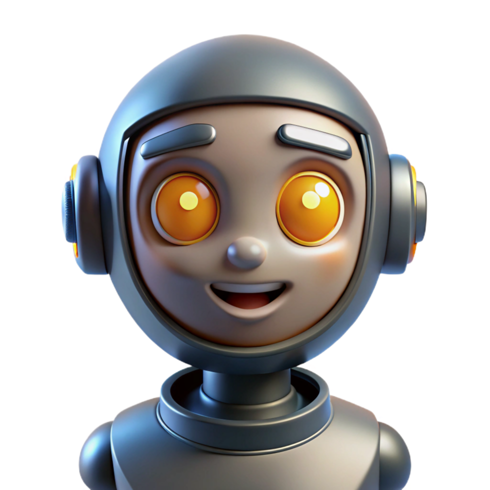 passionate striking Artificial intelligence robot head with glowing eyes and expressive face. NO BACKGROUND with Transparent Background. handcrafted png