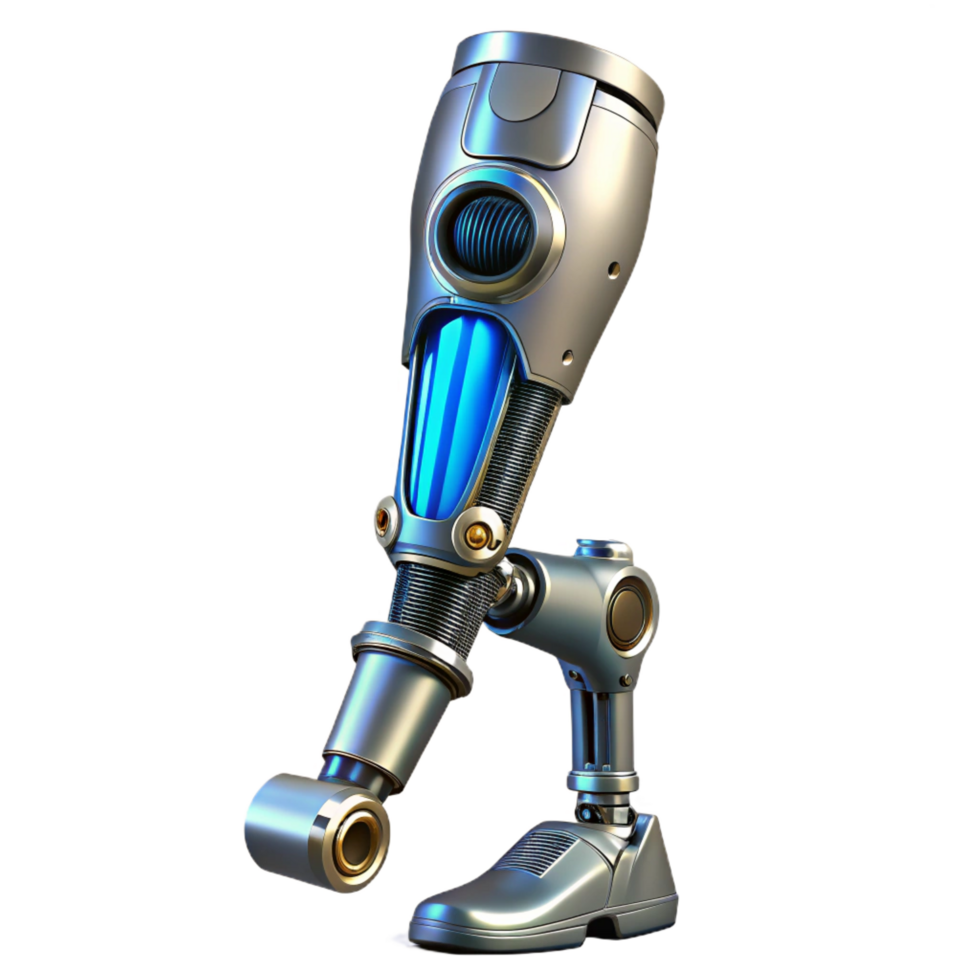 signature modern Cybernetic prosthetic leg with intricate mechanics and hydraulics. NO BACKGROUND with Transparent Background. expertly shot png