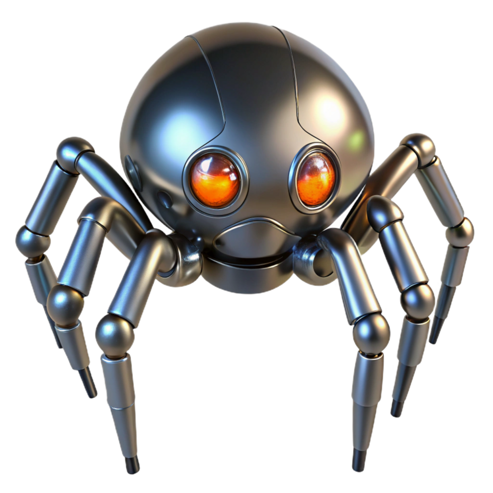 picturesque acclaimed Robotic spider with metallic legs and glowing eyes. NO BACKGROUND with Transparent Background. png