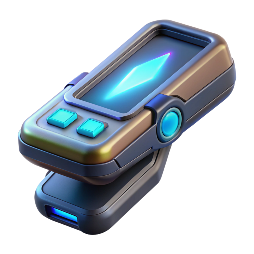 exquisite art deco Futuristic handheld scanner with glowing display and sensor array. NO BACKGROUND with Transparent Background. high quality png