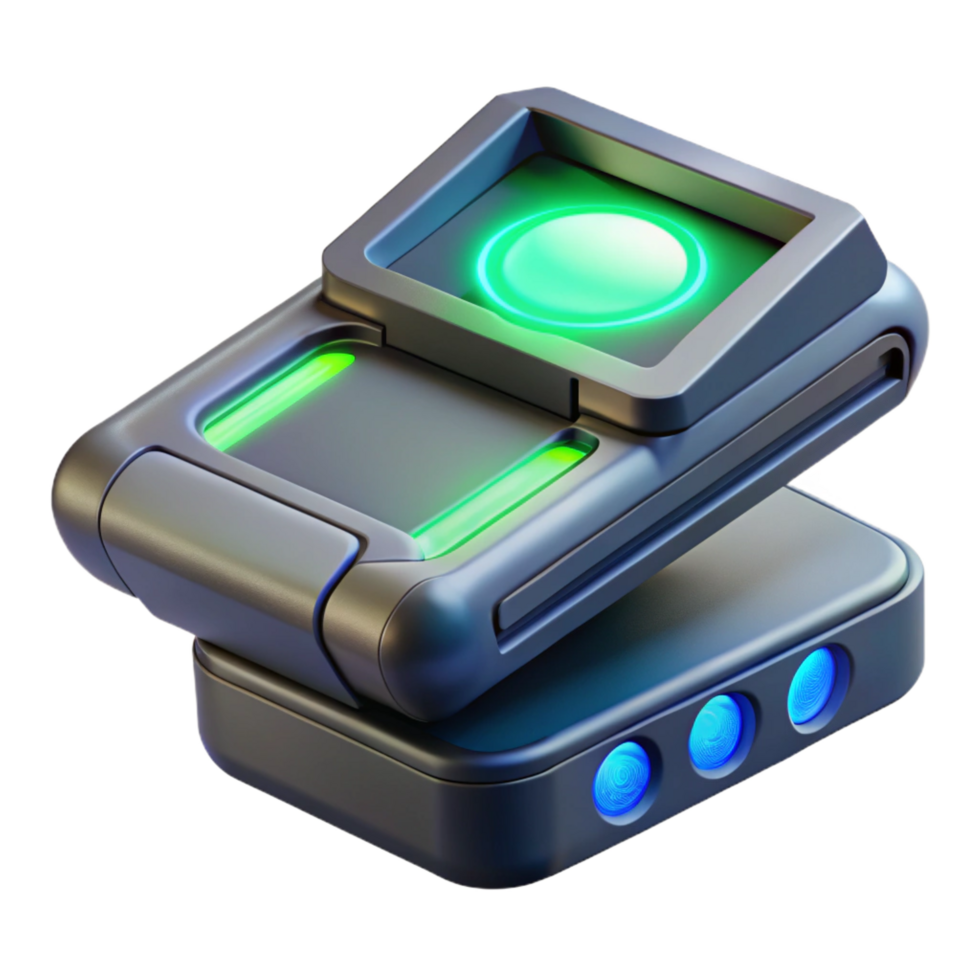 radiant rare Futuristic handheld scanner with glowing display and sensor array. NO BACKGROUND with Transparent Background. png