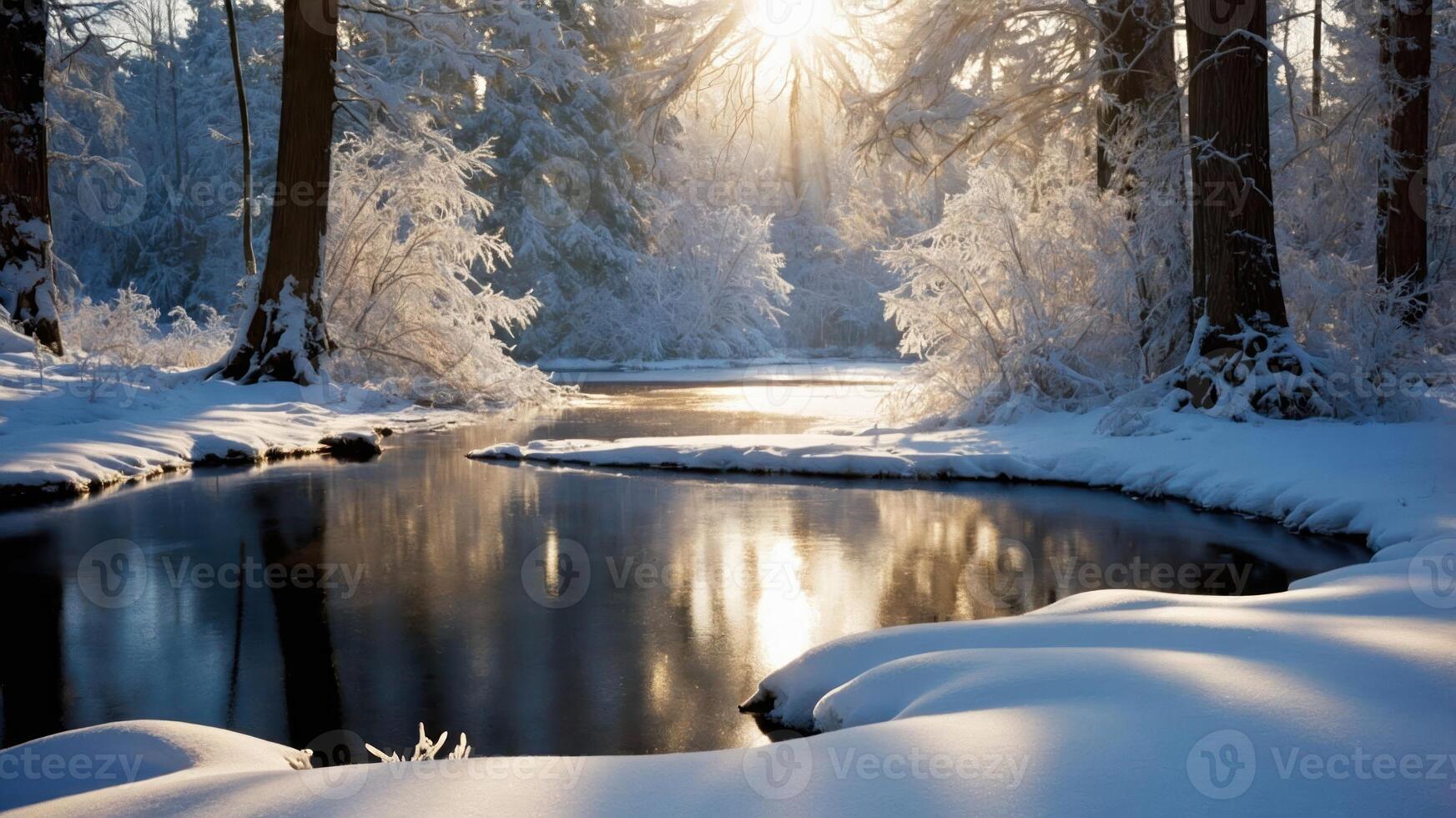 Snowy Winter River Scene with Sunlight Streaming Through Frozen Trees photo
