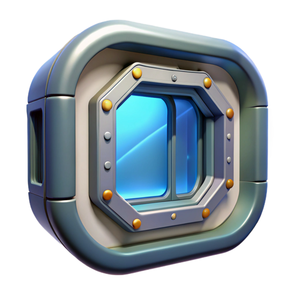 impressive coastal Spaceship window with futuristic design and reinforced frame. NO BACKGROUND with Transparent Background. expertly shot png
