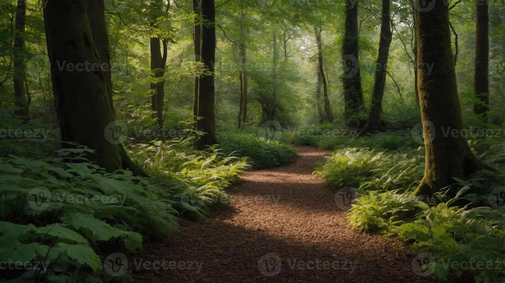 Walking Path Through a Lush Green Forest with Sunlight Filtering Through photo