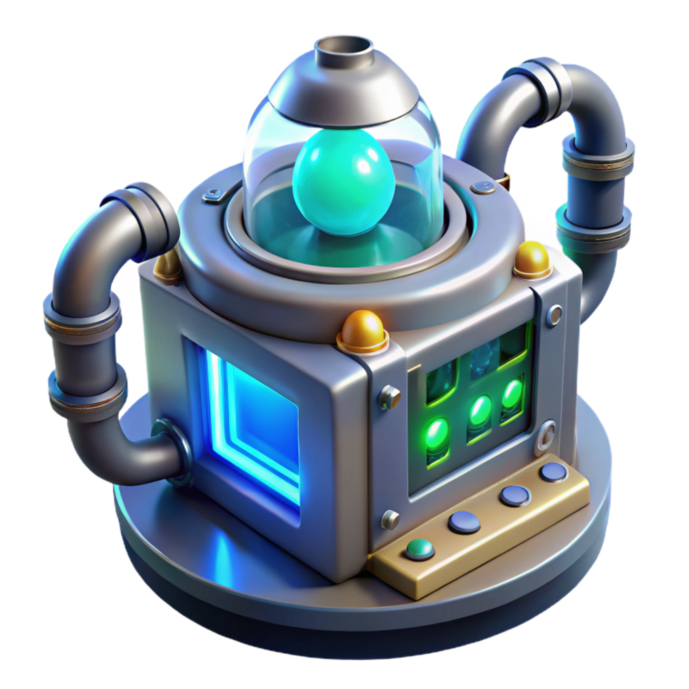 glorious reflective bohemian High-tech scientific instrument with glowing display and complex controls. NO BACKGROUND with Transparent Background. high quality png