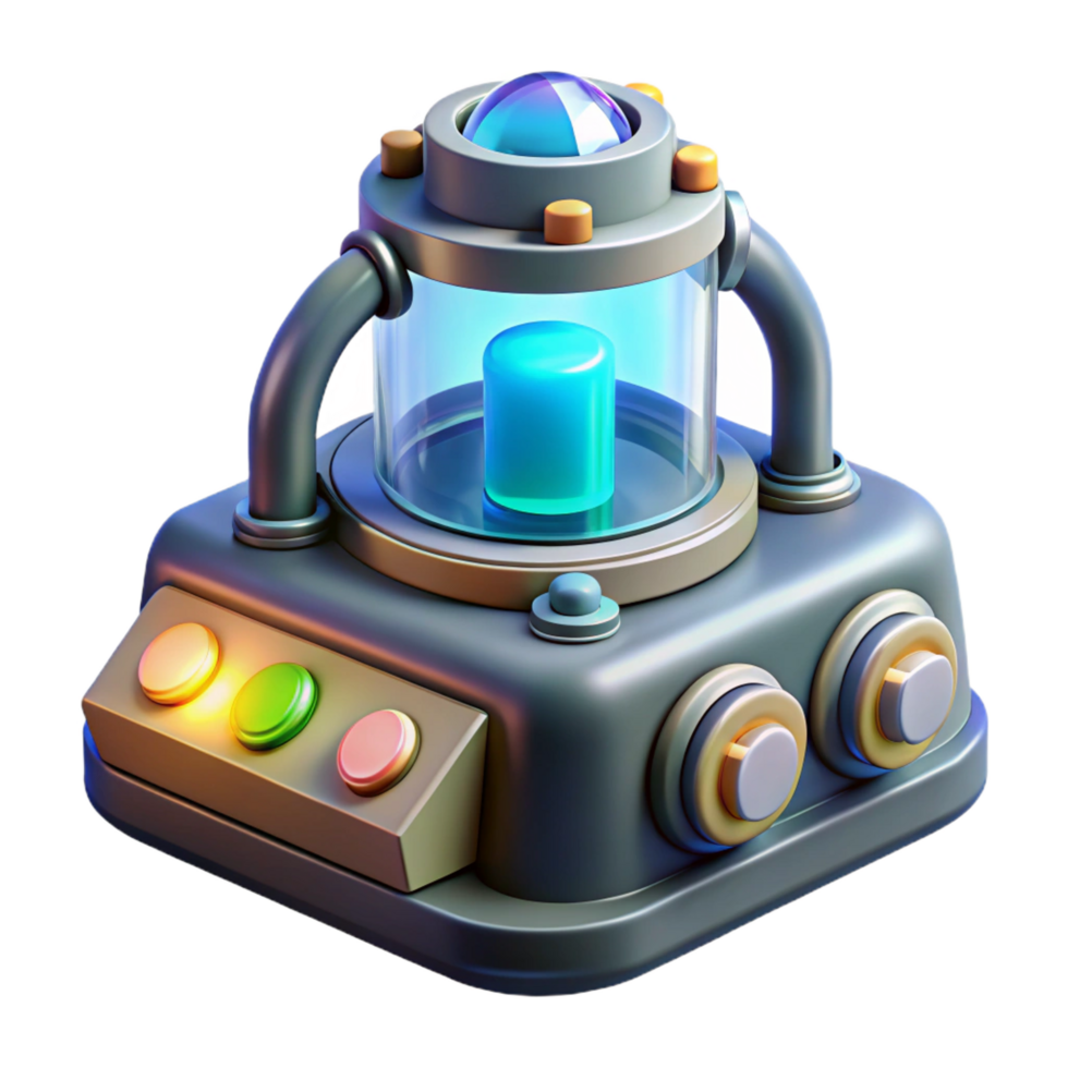 impressive rustic High-tech scientific instrument with glowing display and complex controls. NO BACKGROUND with Transparent Background. expertly shot png