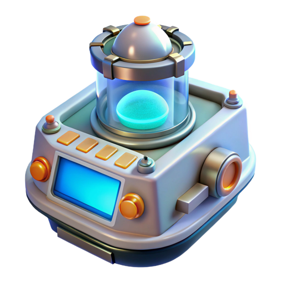 impressive timeless High-tech scientific instrument with glowing display and complex controls. NO BACKGROUND with Transparent Background. png