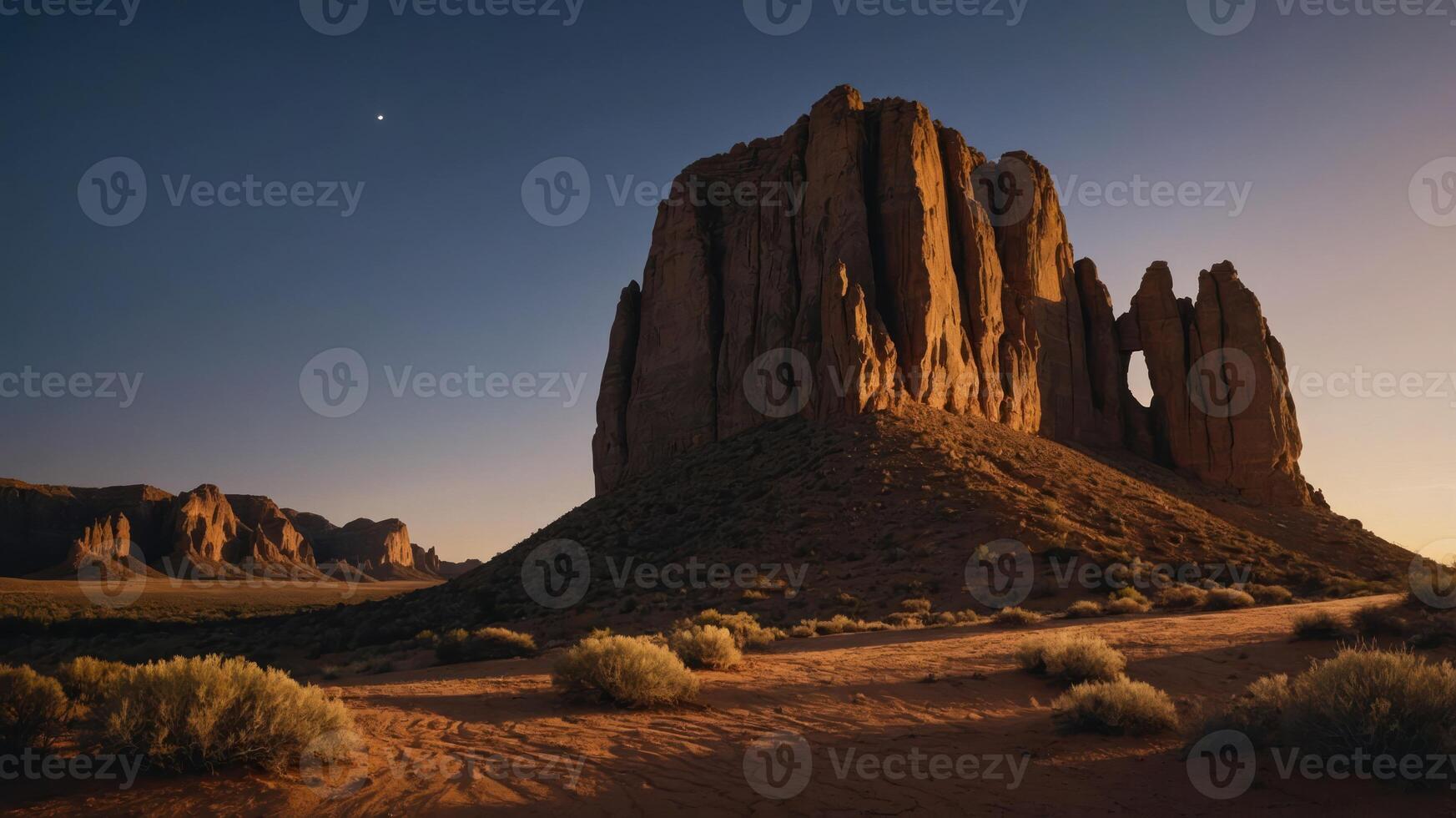 Exploring Scenic Desert Landscape with Rock Formation at Sunset photo