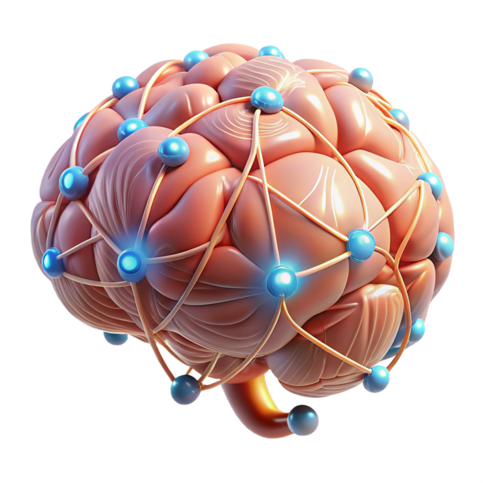sumptuous ethereal mid-century Artificial brain with glowing neural pathways and intricate connections. NO BACKGROUND with Transparent Background. fine detail png