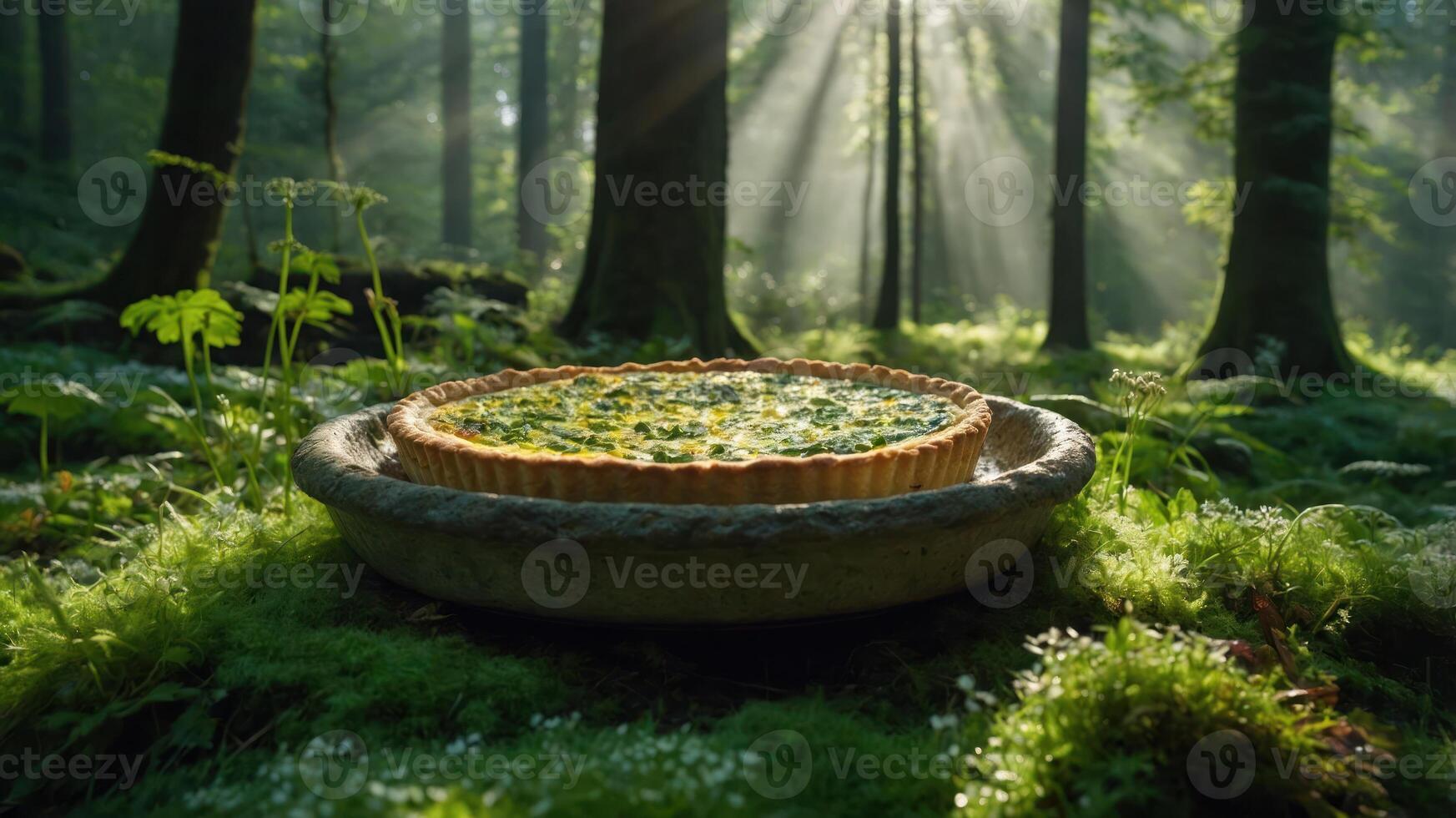 Spinach Quiche Displayed on Stone Dish in Forest Setting photo