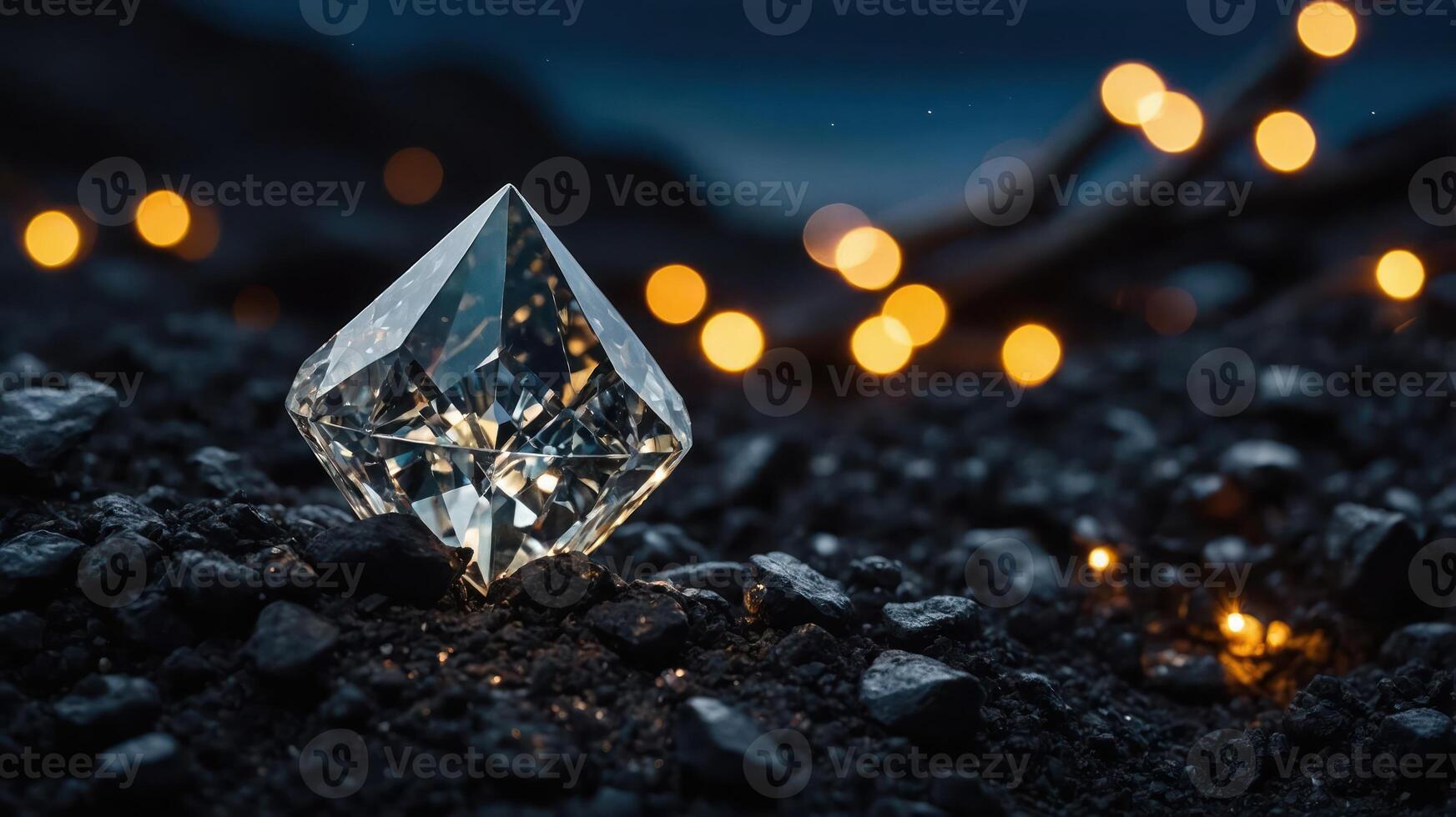 Sparkling Diamond Jewel on Dark Rocks with Bokeh Lights at Night photo
