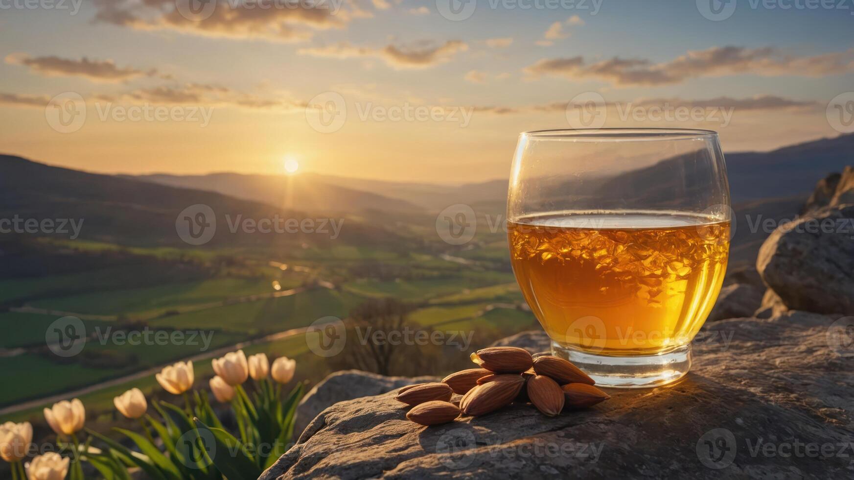 Drink and Almonds Overlook Mountain Valley at Sunset with Tulips photo