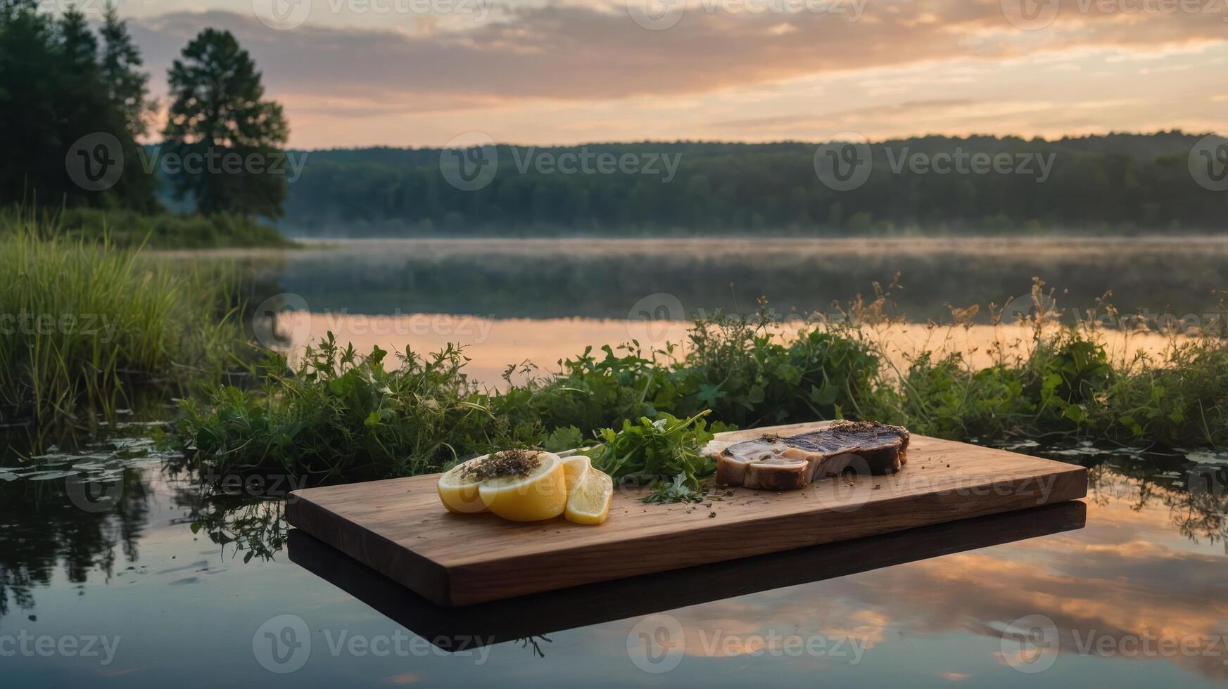 Lake Picnic with Lemon and Meat on a Wooden Board photo