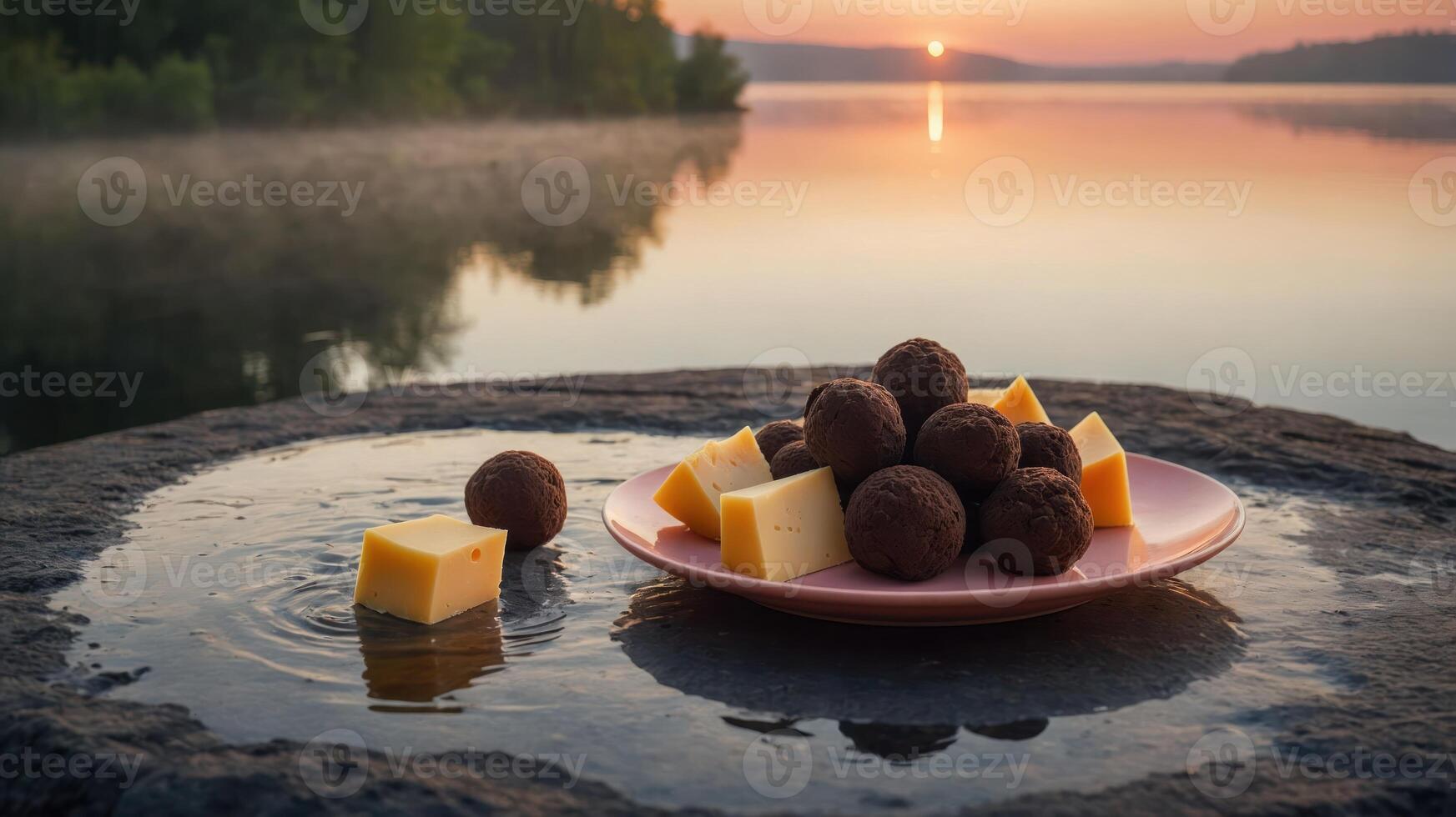 Cheese and Chocolate Truffles by the Lake at Peaceful Sunset photo
