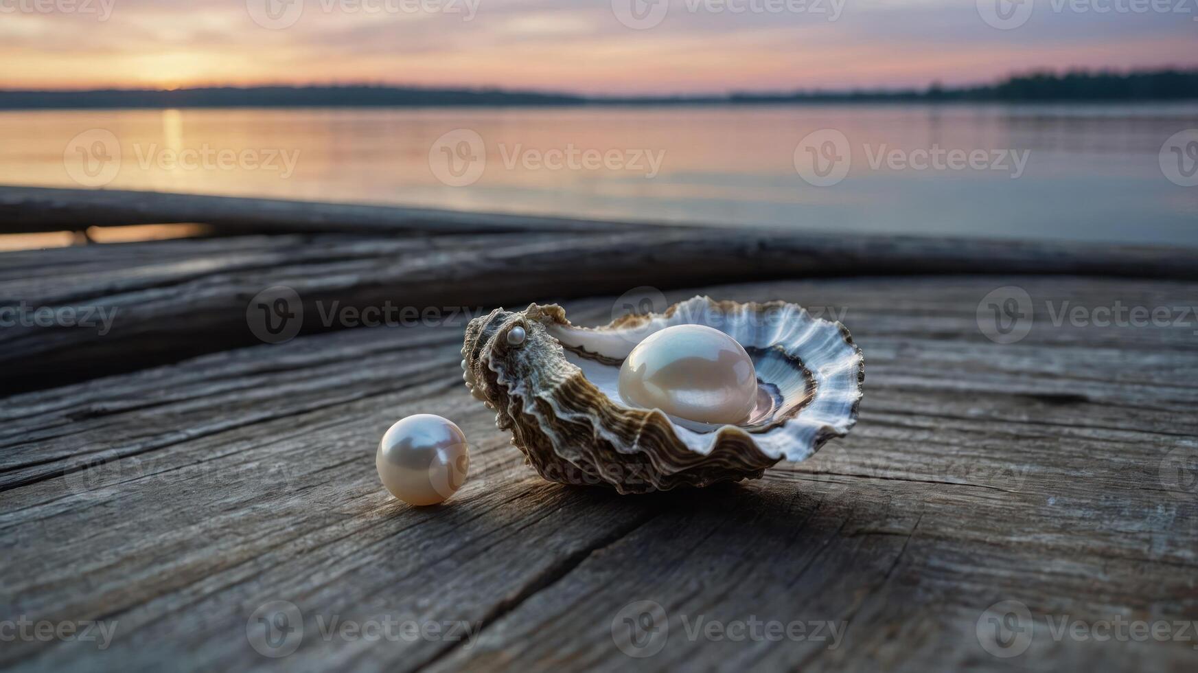 Pearls in Shell at Sunset on Wooden Dock by Lake photo