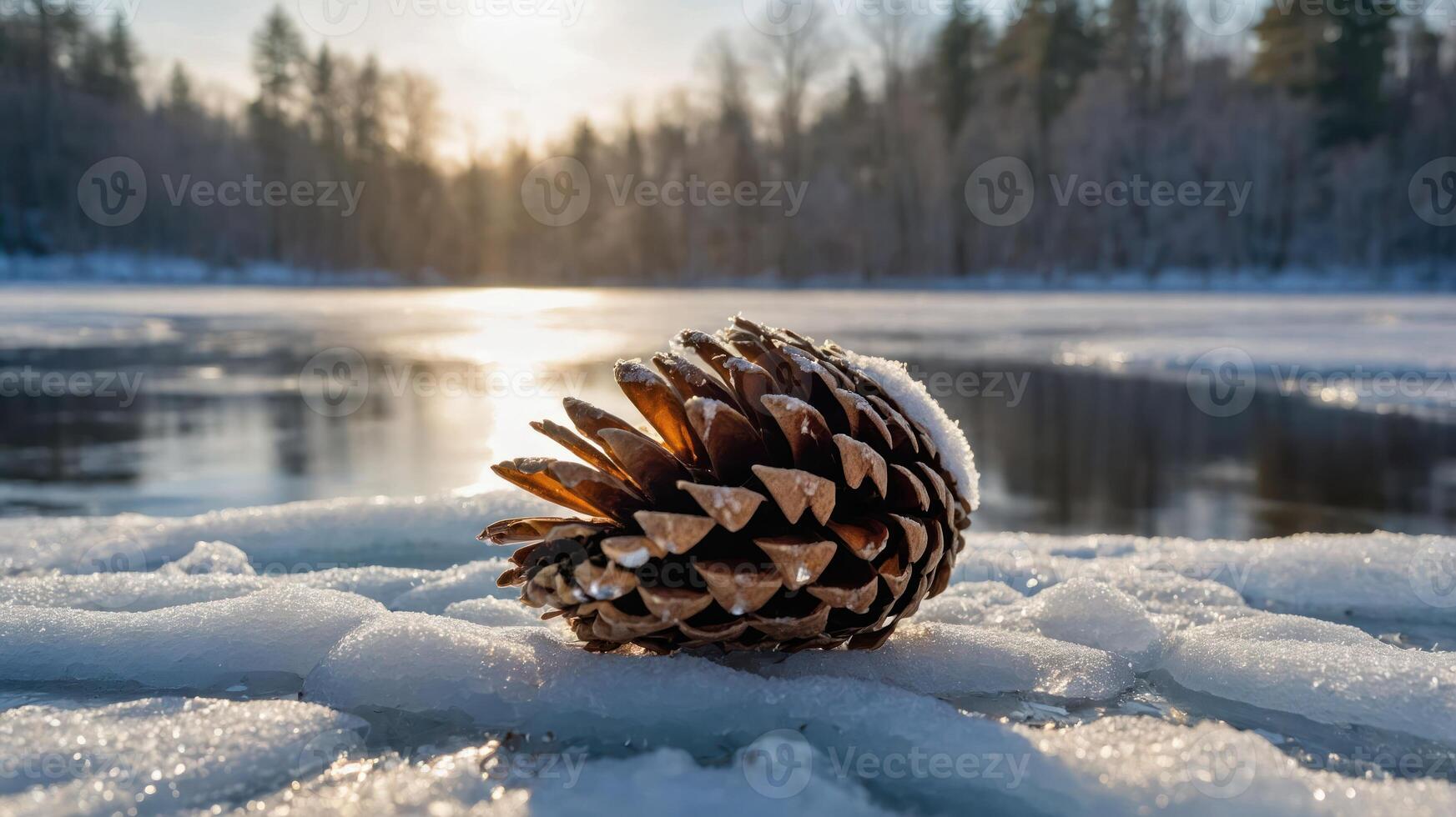 Pine Cone Resting on Ice with Winter Lake Background at Sunset photo