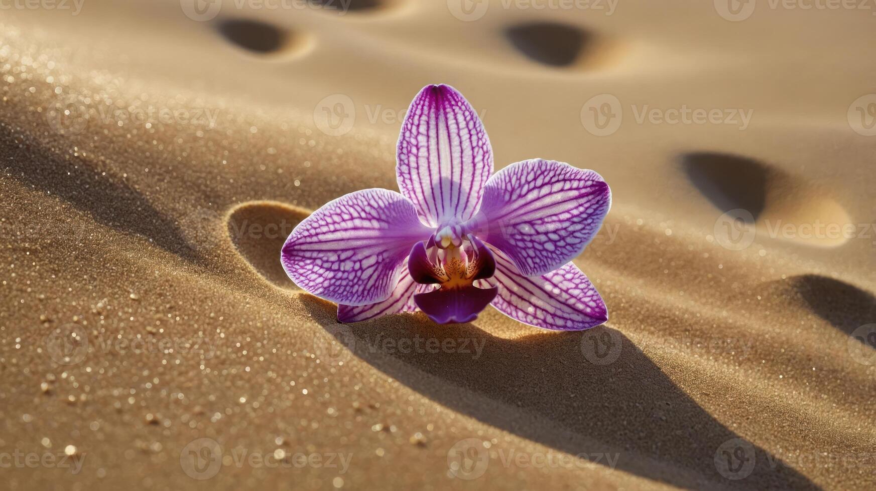 Striking Orchid Bloom Resting on Shimmering Golden Sand in Desert Setting photo