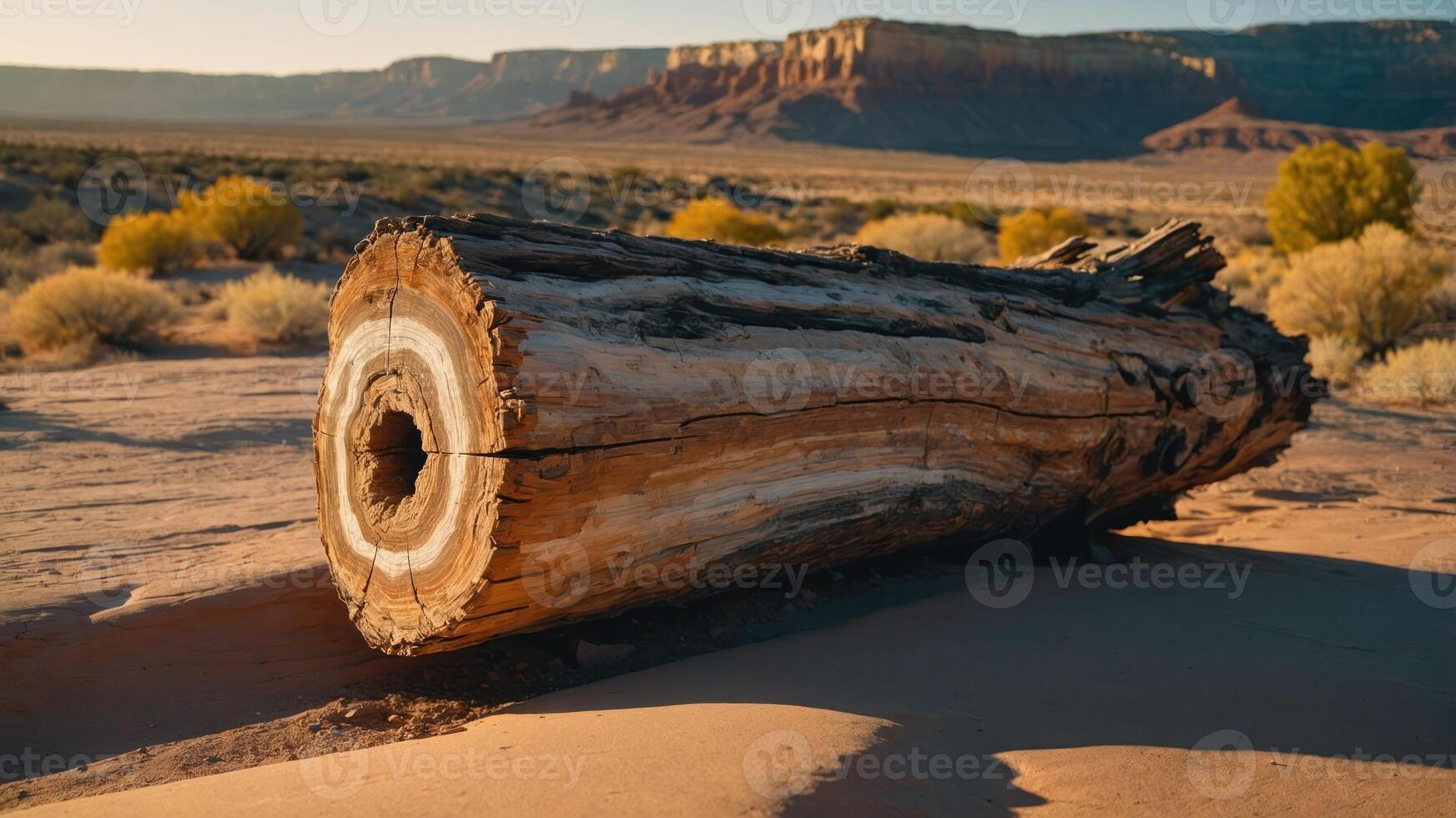 Petrified Log Lies on Sandy Desert Landscape with Distant Mesa photo