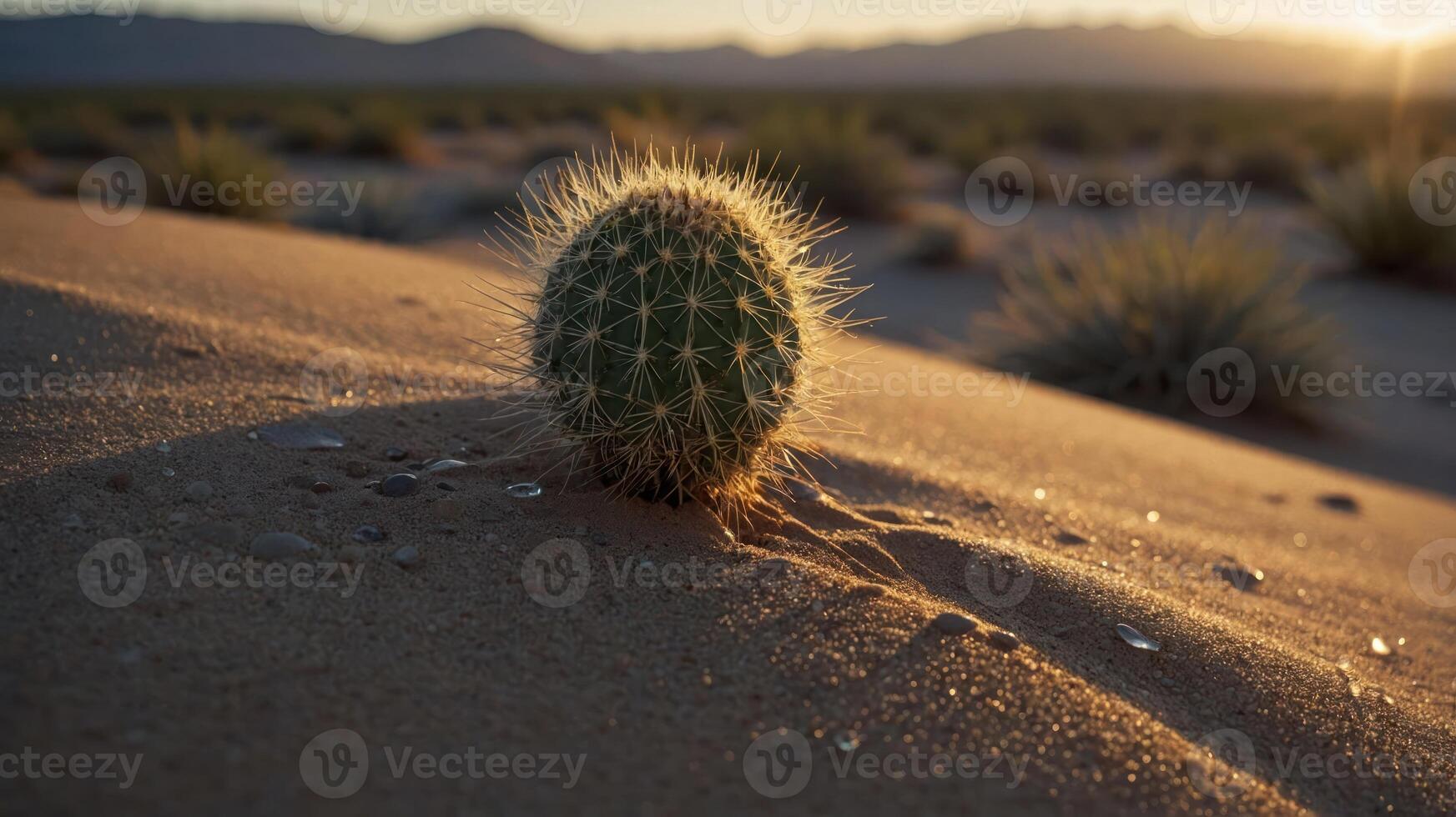 Cactus Growing in Desert Sand During Sunset with Mountain Backdrop photo