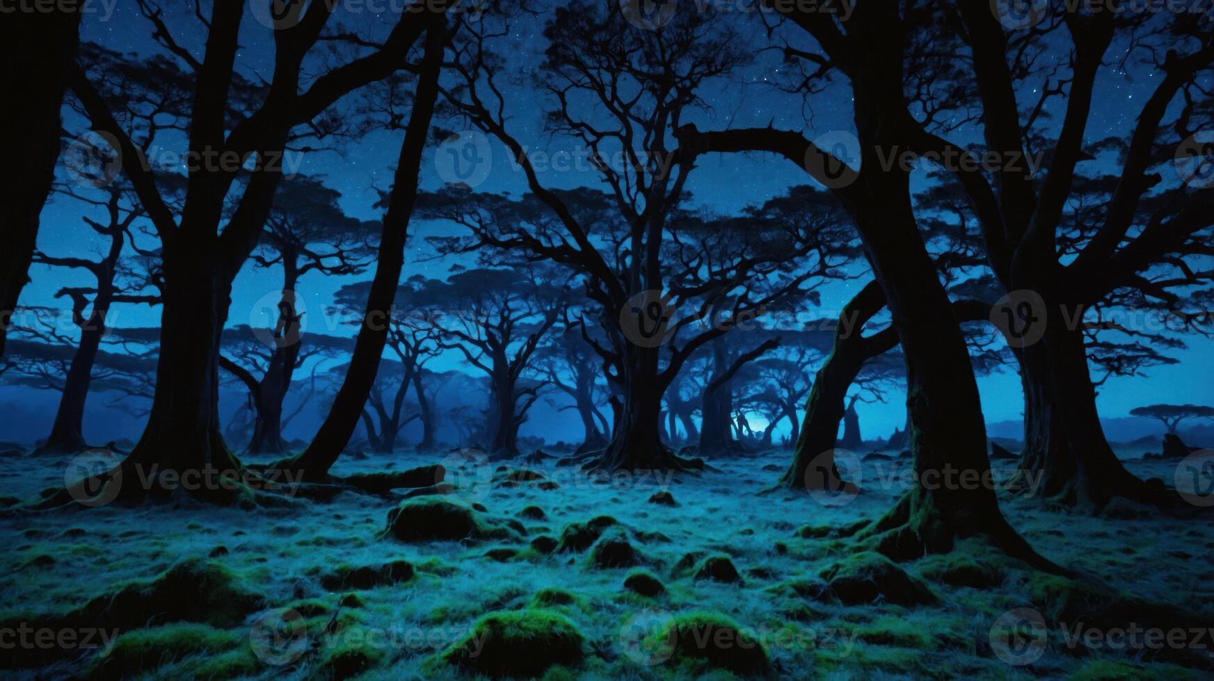 Enchanted Forest at Night Moody Landscape with Mossy Ground photo