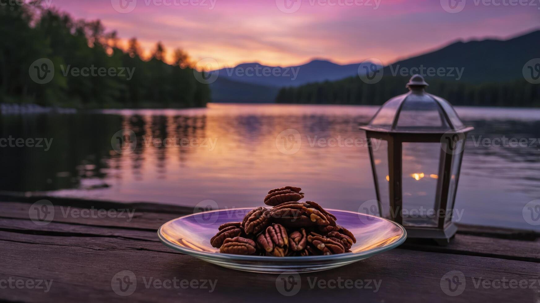Pecans on a Plate at Dusk by Lake with Decorative Lantern photo