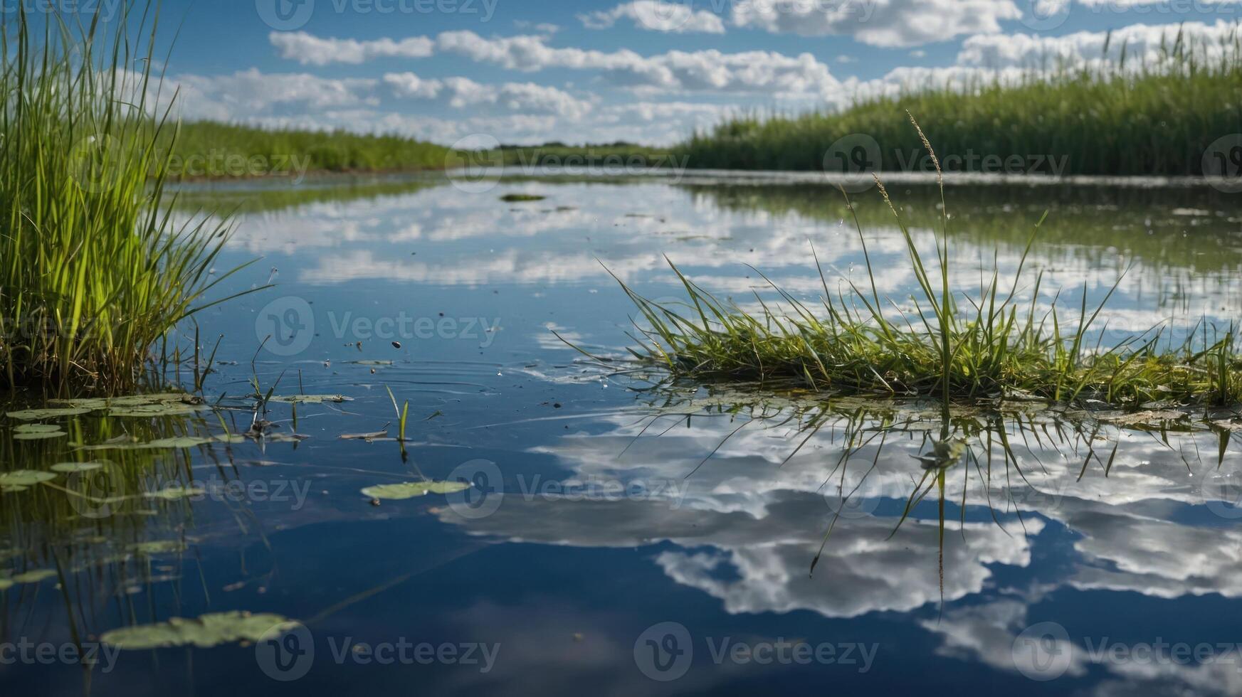 Reflective Waterscape with Sky and Grass Peaceful Natural Environment photo