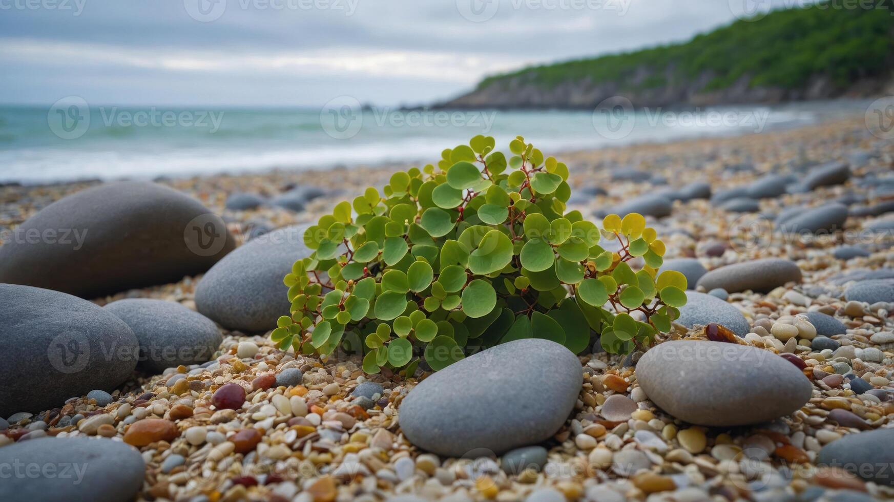 Small Green Plant Growing on a Rocky Beach Near the Ocean photo