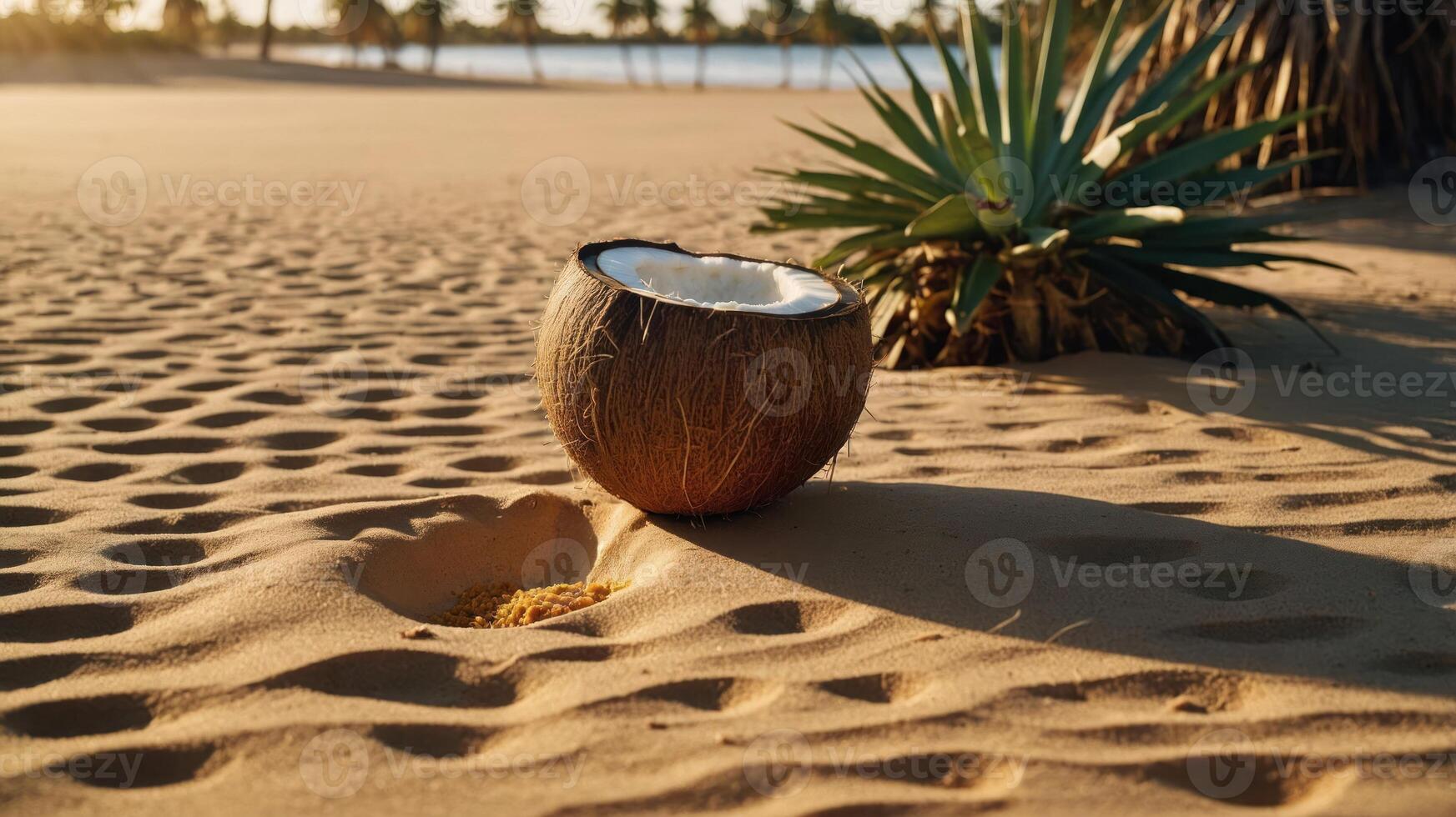 Open Coconut Resting on Sandy Beach with Palm Trees View photo