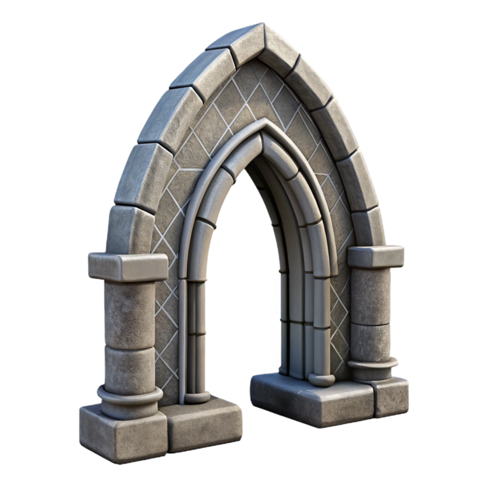 exquisite classic Gothic arch, stone, weathered, NO BACKGROUND with Transparent Background. museum quality png