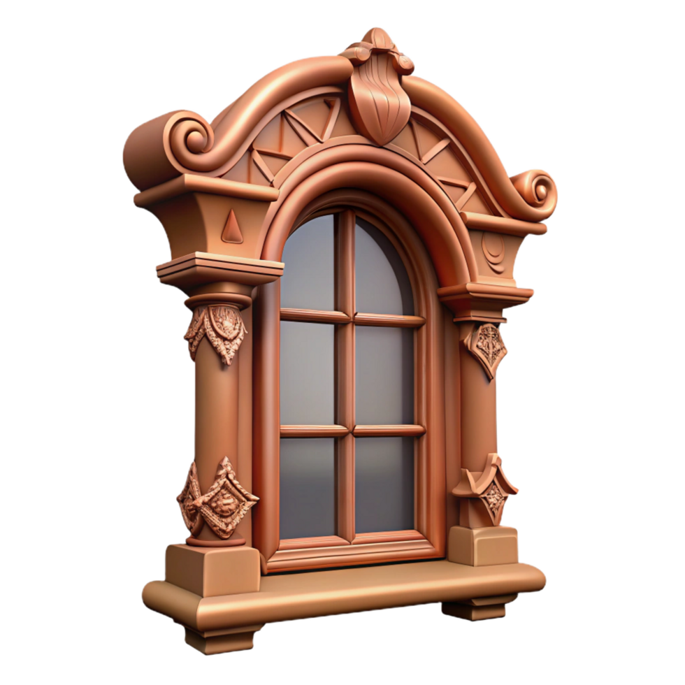 joyful beautiful Victorian window frame, intricate wood carving, NO BACKGROUND with Transparent Background. precision png