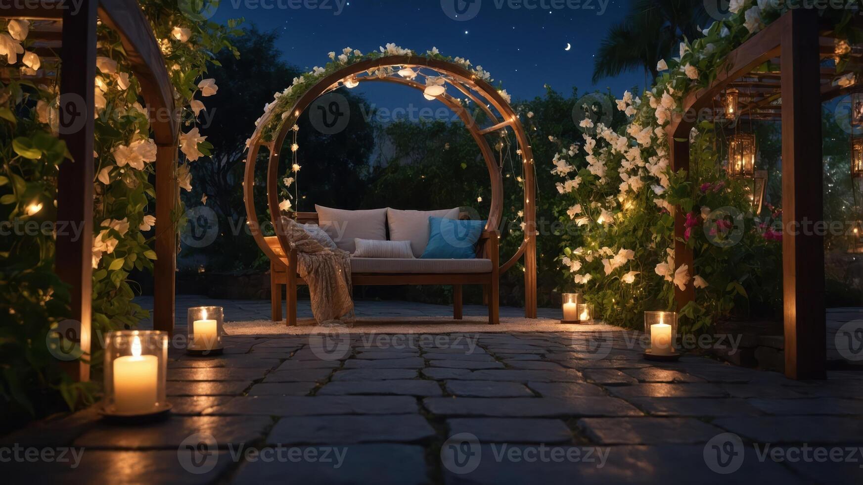 Relaxing Outdoor Seating Area at Night with Glowing Candles and Lights photo