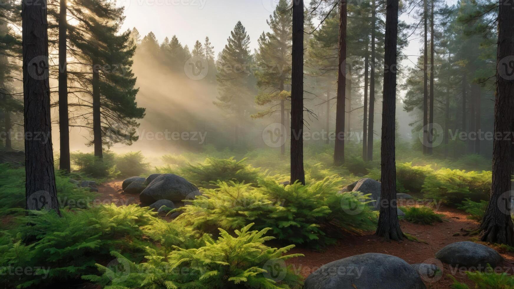 Sun Rays Illuminating a Forest Path with Ferns and Rocks photo