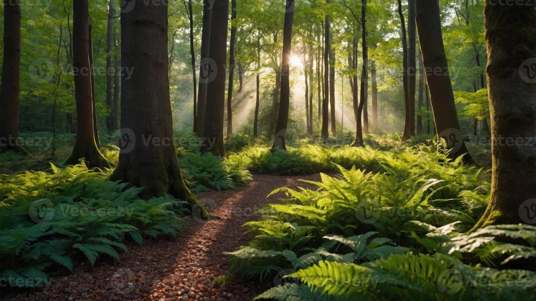 Walking Through Forest Path with Sunlight and Ferns in Spring photo
